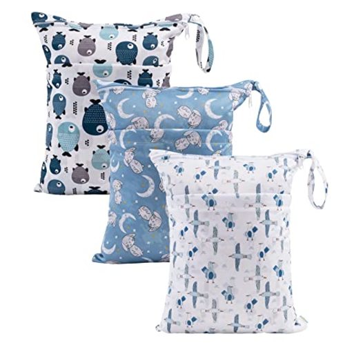 babygoal Wet Dry Bags for Baby Cloth Diapers, Washable Travel Bags, Beach, Pool, Gym Bag for Swimsuits & Wet Clothes with Two Zippered Pockets 3 Pack, 3LN28