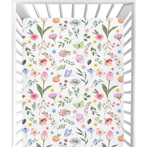 CaTaKu Baby Crib Sheets Tulip Wildflower Butterflies Mini Crib Sheets Fitted for Girls Boys,Neutral Soft Toddler Mattress Bed Sheets for Crib,27"x 39"