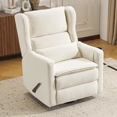 Swivel Rocker Recliner for Adults,Glider Rocking Chair with Adjustable Headrest,Rocking Recliner Chair for Nursery,Manual Recliner Chair with Double Cushion,Chenille,White