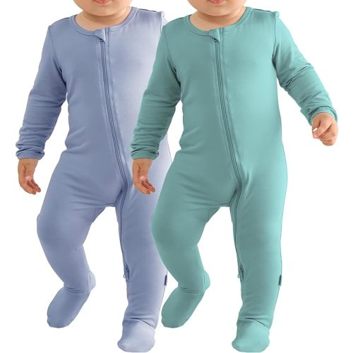 Baby Bamboo Rayon Romper Infant Footies Long Sleeve Double Zipper Outfits 2-Pack One-Piece Jumpsuits