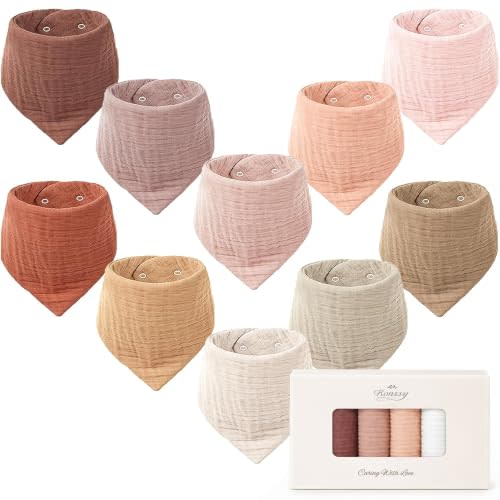Konssy 10 Pack Baby Muslin Bandana Bibs for Drooling and Teething | 100% Cotton, 6-Layer Bibs, Pre-Washed Soft & Absorbent, Adjustable Neck Fit, Boys & Girls 0-36M