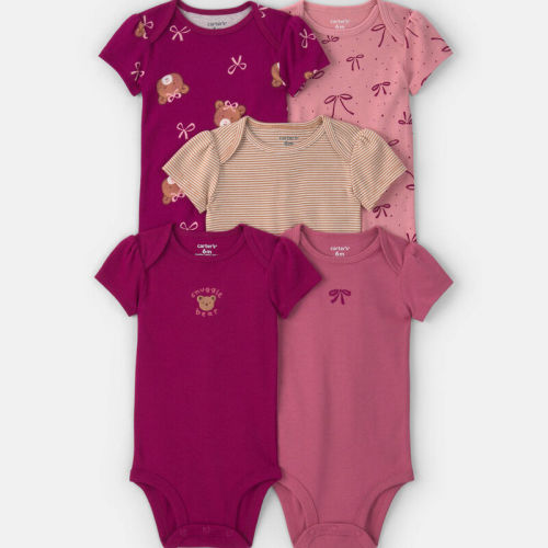 Baby Girl 5-Pack Teddy Bear Short-Sleeve Multipack Bodysuits - Pink/Purple | Carter’s Oshkosh Canada
