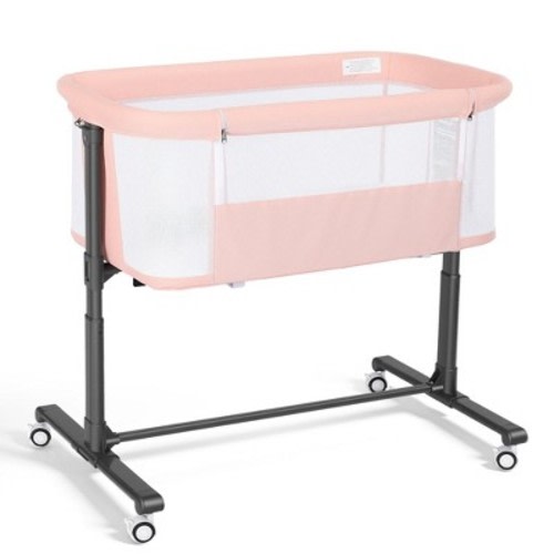 TODECARE Baby Bassinet Bedside Sleeper, 2 in 1 Folding Portable Bedside Sleeper with Wheels, All-Sided Mesh Infant Travel Crib for Toddlers, Pink