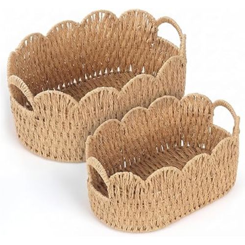 Endymion Set of 2 Paper Rope Scalloped Basket, Wicker Storage Baskets