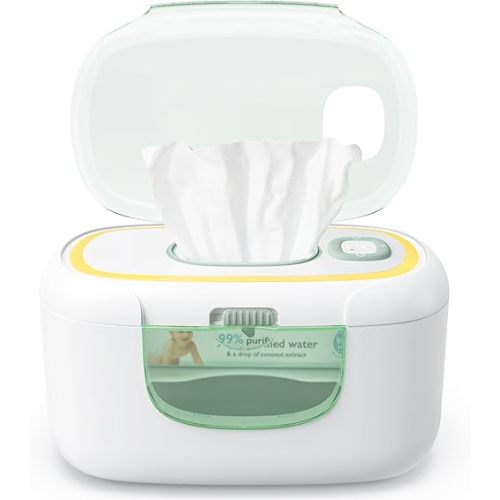 Momcozy New Baby Wipe Warmer, 100pcs Larger Capacity Wipe Dispenser, 10-Min Fast Heating with 4 Temperature Modes, Innovative Spring Design, Silicone & Top Seals,Quick Even Heating, 3-Level Nightlight
