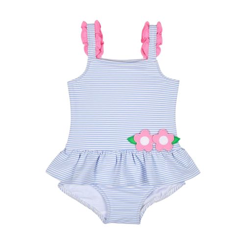 Blue Stripe Seersucker Swimsuit with Flower