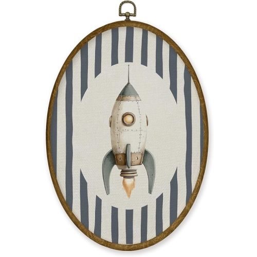 JMENGSSFL Vintage Spaceship Space Nursery Oval Wall Art Decor, Kids Room Canvas Prints, Blue Striped Rocket Framed Wall Art for Kids Baby Toddler Boy Nursery Room Playroom Bedroom Decor, 8.6x11.4 Inch