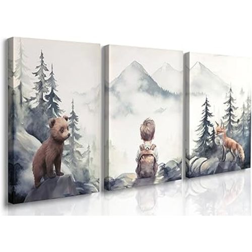 GUBIYU Baby Boy Nursery Wall Decor,Forest Animal Wall Art of 3 Boy Adventure Toddler Room Decor,Adventure Nursery Art,Watercolor Mountain Prints Posters Nature Woodland Baby Room Decoration 12"X16"