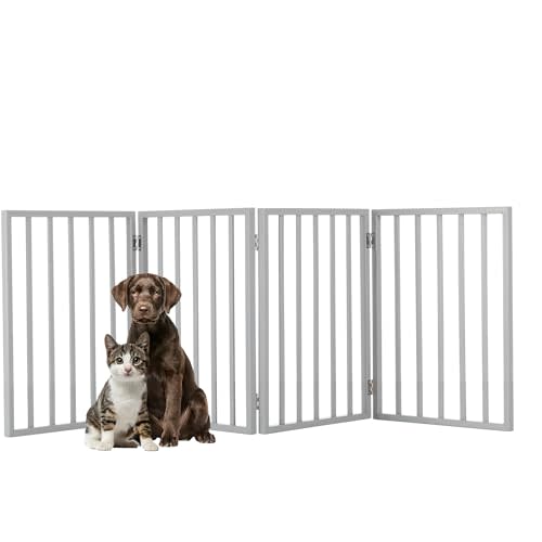 Pet Gate - 4-Panel Indoor Foldable Dog Fence for Stairs, Hallways, or Doorways - 72x24-Inch Retractable Wood Freestanding Dog Gates by PETMAKER (Gray)