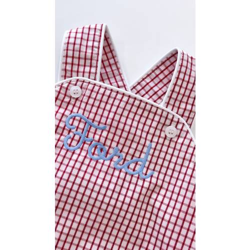 Boys Red & White Windowpane Summer Sunsuit, Monogrammed Baby Boy Bubble