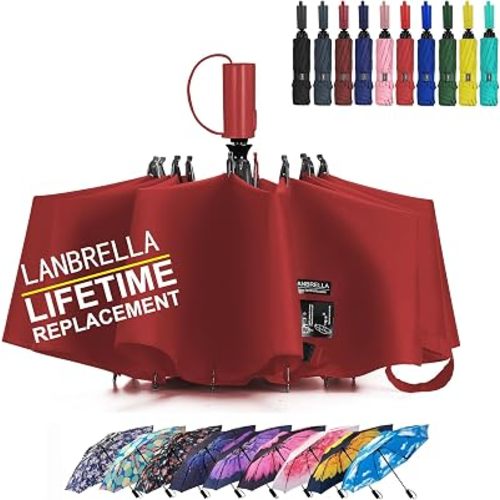 LANBRELLA Compact Reverse Folding Umbrella Auto Windproof Travel Umbrella