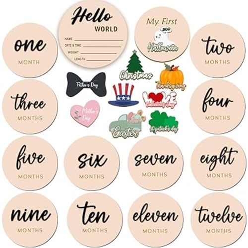 Monthly Baby Milestone Maker Discs, Baby Milestone Signs for Newborn Baby, Hello World Newborn Sign for Girl & Boy, Baby Announcement Sign for 1-12 Month, Milestone Wooden Circles (Sage) (Black)