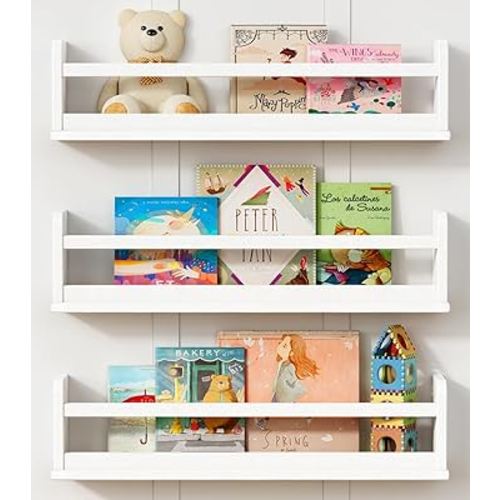 White Wall Bookshelf for Kids Room, 24 Inch Toddler Nursery Bookshelf Wall Mounted for Baby Boy Girl Bedroom, Floating Childrens Book Shelves with Hanging Rod for Books - Set of 3