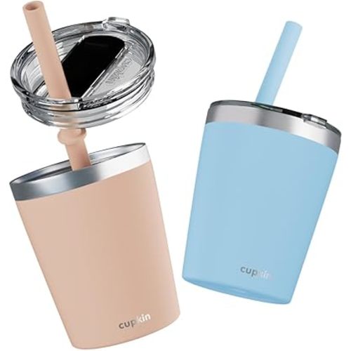 CUPKIN Toddler Straw Cups, The Original 8 oz Stackable Stainless Steel Cups for Kids, Set of 2 Powder Coated Insulated Straw Cup & BPA Free Lids + Reusable Silicone Straws (8oz Peach + Teal)