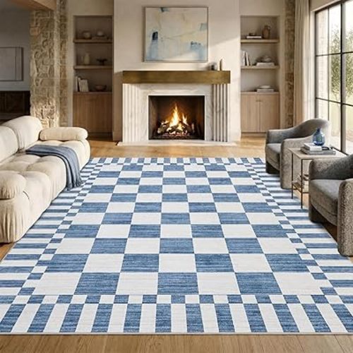 GarveeHome Dark Blue Checkered Rug 6×9 Area Rugs for Living Room,Non-Slip Washable Rug Soft Low-Pile,Neutral Modern Checkerboard Farmhouse Geometric Rugs for Bedroom Dining Room