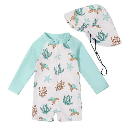 OBEEII Long Sleeve Swimsuits for Baby Boys One Piece Zip Up Bathing Suits UPF 50+ Beach Swimwear with Sun Hat