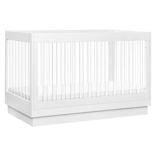 babyletto Harlow 3-in-1 Convertible Crib, White with Acrylic Slats | GREENGUARD Certified, Low-Profile Crib Convertible to Toddler Bed & Daybed, 4 Adjustable Mattress Heights - Easy to Assemble