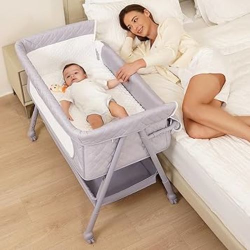 Bassinet Bedside Sleeper, Adjustable Height Baby Bassinet with Wheels, Easy Assemble & Folding bedside bassinet for baby with Comfy Mattress, Breathable Mesh Bedside Crib for Infant Newborn (Grey)