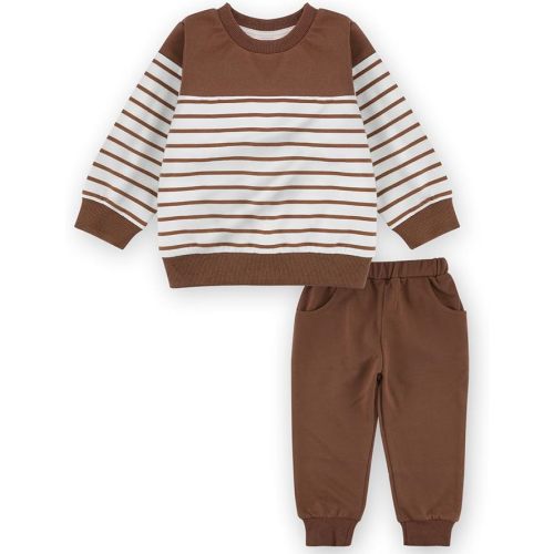 Toddler Boys Fall Outfit Baby Winter Clothes Long Sleeve Crewneck Sweatshirt Pants Set Stripe Sweats 18M-5T