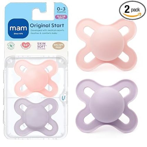 MAM Original Start Matte Baby Pacifiers 0-3 Mths, BPA-Free Skin Soft Silicone Nipple, Developed with Medical Experts Specially for Smaller Newborn Mouths, Easy to Clean, 2 Pk with Sterilizer Case