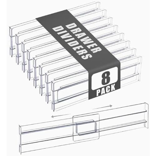 8 Pcs Drawer Dividers, Expandable from 28-52cm and 8cm High Drawers Separators, Adjustable Clear Drawer Organisers for Bedroom Clothing, Kitchen Utensils, Office and Bathroom Storage (8)