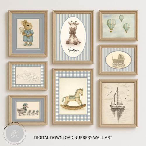PERSONALISED Boy Vintage Nursery Gallery Wall Set 8 Blue Nursery Print Custom Name Sign Playroom Decor Animal Hot Air Balloon Rocking Horse