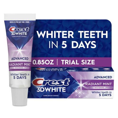 Crest 3D White Radiant Mint Teeth Whitening Toothpaste .85 oz Removes Surface Stains Starts Whitening After 1 Brush