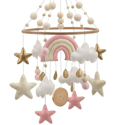 Rainbow Mobile for Crib - A Pink and White Boho Rainbow Crib Mobile with Gold Detail