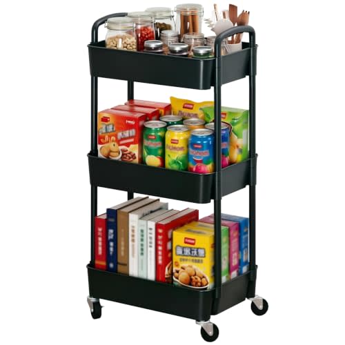 Sywhitta 3-Tier Plastic Rolling Utility Cart with Wheels for Storage,Black | Multi-Functional Storage Trolley, for Office, Living Room, Kitchen, Bathroom,Movable Organizer,Space-Saving,Easy to assemble