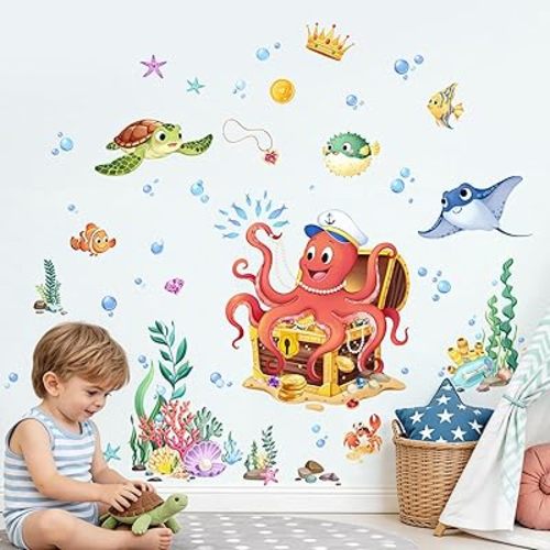 Supzone Under the Sea Wall Decals - Ocean Seaweed Turtle Octopus Treasure Chest Wall Stickers for Kids Baby Nursery Toddlers Bedroom Bathroom Playroom Ocean Theme Decor