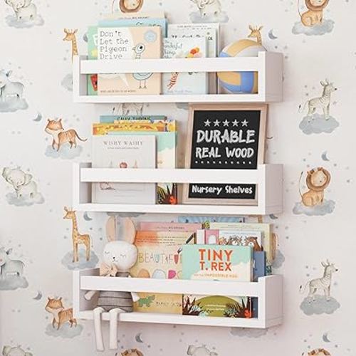 NATURE SUPPLIES Set of 3 White Nursery Room Shelves, Solid Wood Ideal for Books Toys and Decor, Wall Bookshelf for Kids Bedroom, Kids Bookshelf, Nursery Book Shelves, Floating Bookshelf, Classic White