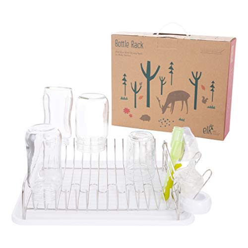 Elk and Friends Stainless Steel Baby Bottle Drying Rack - Countertop Dryer Rack with Drainer - Glasses, Mason Jars & Sippy Cup Organizer (White Tray)
