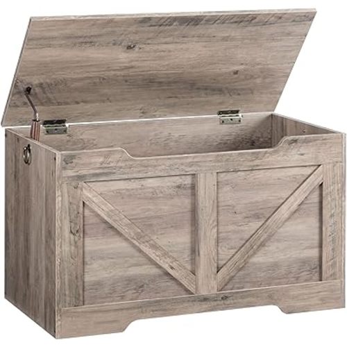 HOOBRO Storage Bench, 29.5” Retro Wooden Storage Chest with U-Shaped Cut-Out Pull, Safety Hinge, Supports 330 lb and Easy Assembly for Toy Box Organizer (Greige) BG77CW01G1