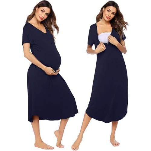 Ekouaer Womens Maternity Nightgown for Hospital Pregnancy Long Nightgowns Nursing Night Gown for Breastfeeding