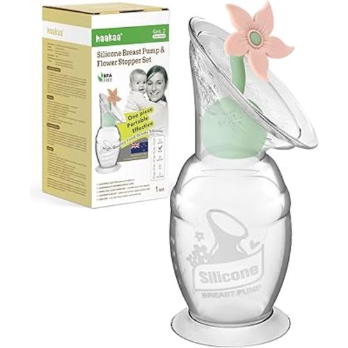 haakaa Manual Breast Pump with Flower Stopper Set, Gen.2 Silicone Hand Pump with Suction Base, BPA Free (5oz/150ml, Blush)
