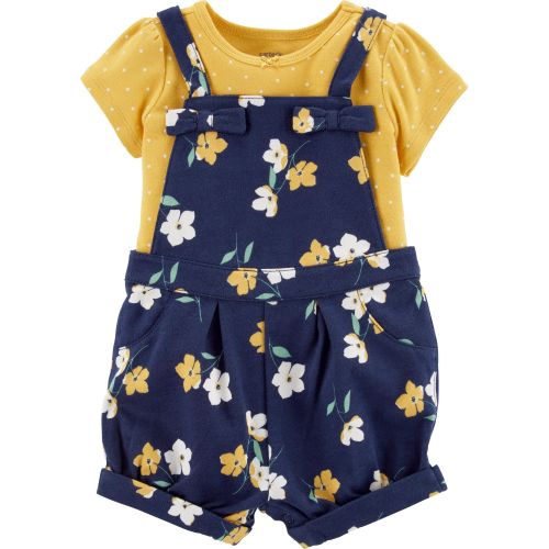 2-Piece Polka Dot Tee & Floral Shortalls Set - 9M - Yellow/Navy