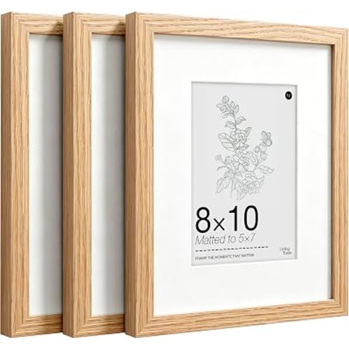 8x10 Picture Frames Set of 3, Solid Oak Wood Frames with Tempered Glass, 5x7 photo Frame with Mat or 8x10 Without Mat, Wall Hanging & Tabletop Picture Frame,Home Decor Gift