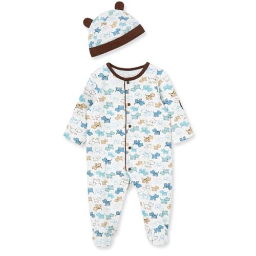 Little Me Clothes for Baby Boys' 100% Cotton Scratch-Free Tag Footed One-Piece Romper and Hat Sleeper Set, Preemie to 9 Months