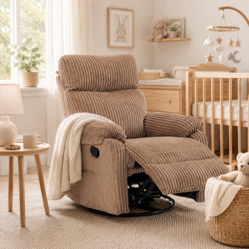 Majnesvon Nursery Rocking Chair Recliner, 360° Swivel Rocker Chair with Manual Footrest, Corduroy Upholstered Baby Room Chair with Lumbar Support & Side Pocket for Living Room Bedroom