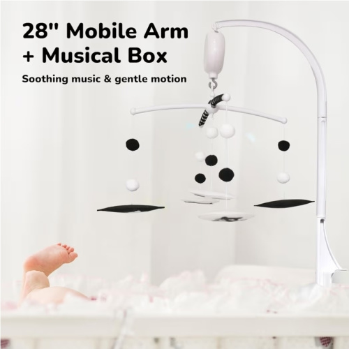Crib Mobile Arm with Music Box, 28 Inch Baby Mobile Holder for Crib, Mobile Crib Arm, Mobile Hanger, Baby Mobile Motor with 3 Modes, Adjustable Volume, 35 Lullabies