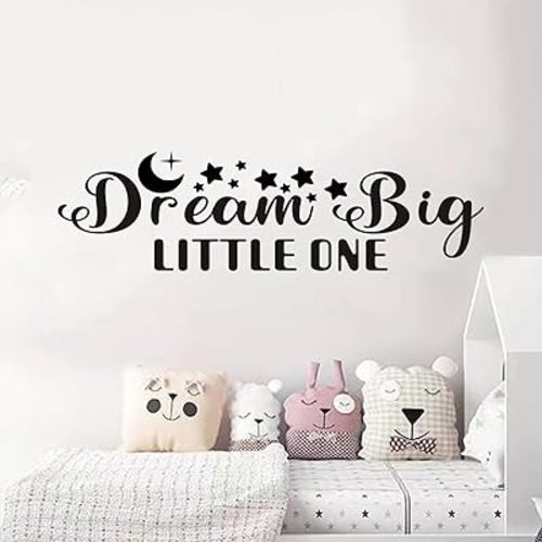 Baby Quotes Wall Stickers for Nursery: Kids Inspirational Positive Moon Stars Vinyl Art Wall Decals - Bedroom Playroom School Wall Decor - Dream Big Little One 25" X 7"