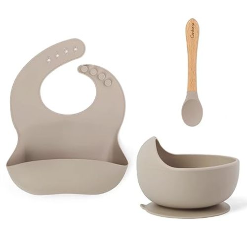 Ginbear Baby Bowls with Suction First Stage, Silicone Bibs, Baby Feeding Spoons, Baby Led Weaning Supplies for Ages 6 Months+ (Almond)
