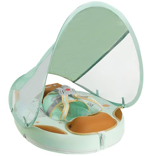 Mambobaby Non-Inflatable Baby Pool Float with Tail and Canopy UPF 50+ Sun Protection No Flip Over Infant Swim Float Skin-Friendly Mambo Float Swim Trainer Solid Baby Swimming Ring Foldable Style