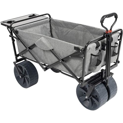 MacSports All Terrain Beach Wagon with Side Table|Heavy Duty Collapsible Folding Cart with Large Wheels for Beach Day, Picnic, Camping,Outdoor Activities | Light Gray