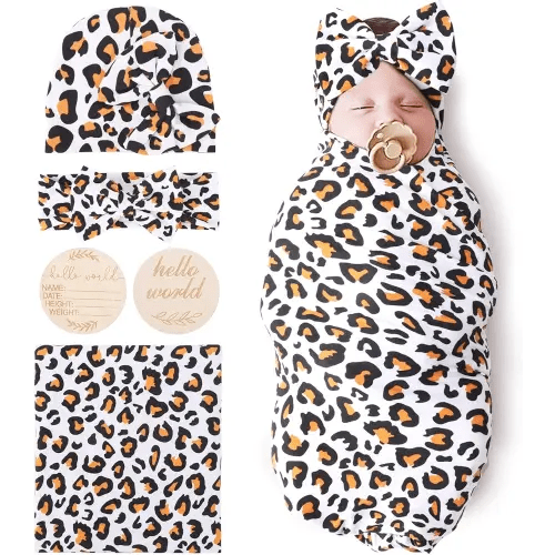 Couverture BQUBO pour bébé fille nouveau-né avec foulard à nouer et bandeau à tête en forme de bow - Carte d'annonce de naissance en bois - Couverture d'emmaillotage pour chambre d'enfant motif