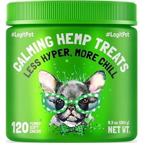 Calming Hemp Treats for Dogs Made in USA Organic Hemp Natural Separation Aid Helps Barking, Chewing, Thunder, Fireworks, Aggressive Behavior Soothing Stress Relief Natural Relaxation 120 Chews