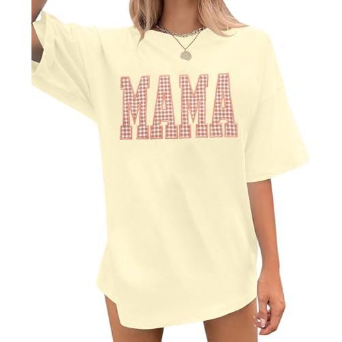 Womens Mama Shirt Mom Embroidery Oversized Tshirt Mama Plaid Outfits Mom Life Shirts Short Sleeves Tops