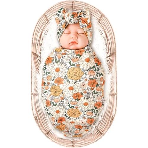 Konssy Baby Blanket & Headband Set, 32 x 32 Inch Swaddle Receiving Blanket | Buttery Soft & Stretchy, Baby Girl Bow Headband, Newborn Photoshoot & Coming Home Outfit, Newborn Essentials (Beige)