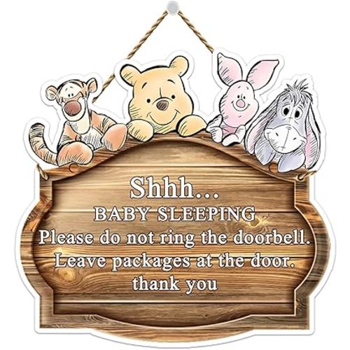 1PCS Classic Winnie Shhh Baby Sleeping Sign for Front Door, Winnie Baby Sleeping Hanging Sign, the Pooh Wall Decoration Sign Gifts, No Knocking Door Sign, Adorable Sign for Home Bedroom Nursery