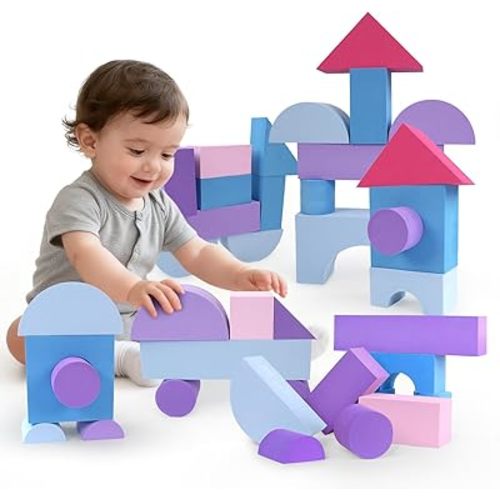 Large Building Foam Blocks for Toddlers, EVA Stacking Foam Building Blocks Toy Set, Non-Toxic, Washable, Early Learning Construction Toys & Gifts for Kids Boys & Girls (Pink, Pieces, 30)
